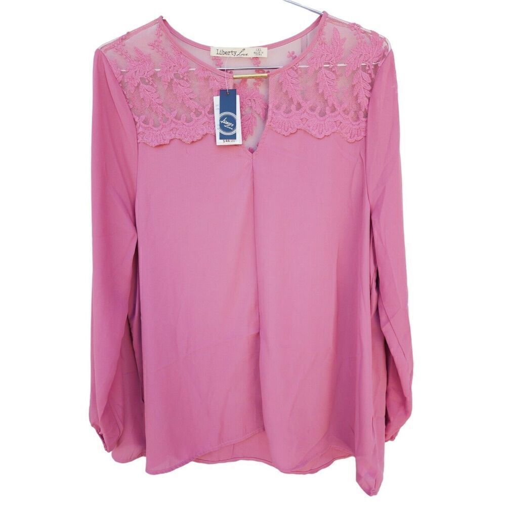 Liberty Love Dusty Rose Lace Blouse Long Sleeve Keyhole Womens Plus Size 1XL NWT